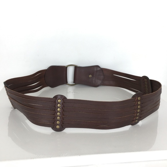 Boho Wide Corset Leather Statement Belt Brown Brass Studs Coldwater Creek Sz L - Picture 8 of 10